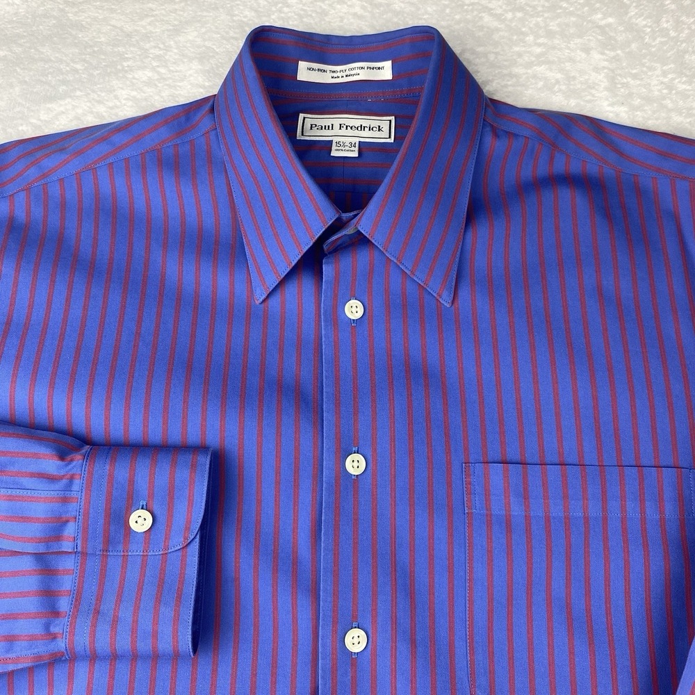 Paul Fredrick Dress Shirt Mens 15.5-34 Blue w/Red Stripes Regular Fit No Iron